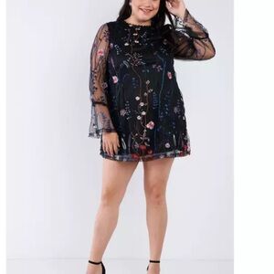 Loveriche‎ Black/Multicolored Mesh Sheer Floral Embroidered Overlay Dress NWT 2X